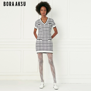 商场同款BORAAKSU2022春季新款复古拼色格纹针织连衣裙B1CBW04060