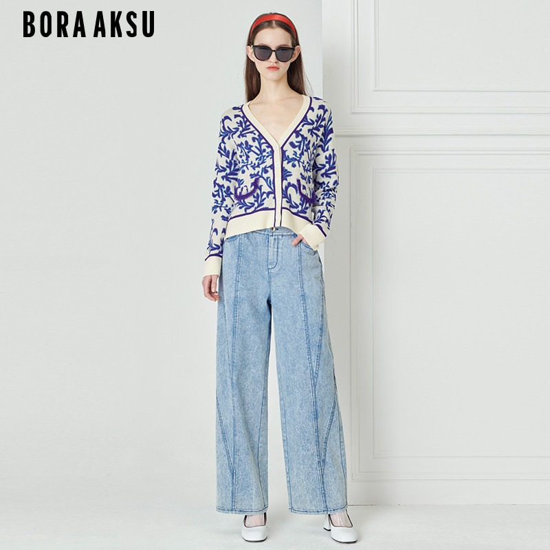 BORAAKSU2023早春新品蓝紫复古繁枝纹宽松羊毛针织开衫B1DAW08030
