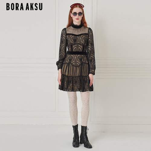 BORAAKSU丝绒拼接蕾丝小黑裙