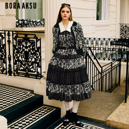BORAAKSU泡泡袖花边印花连衣裙