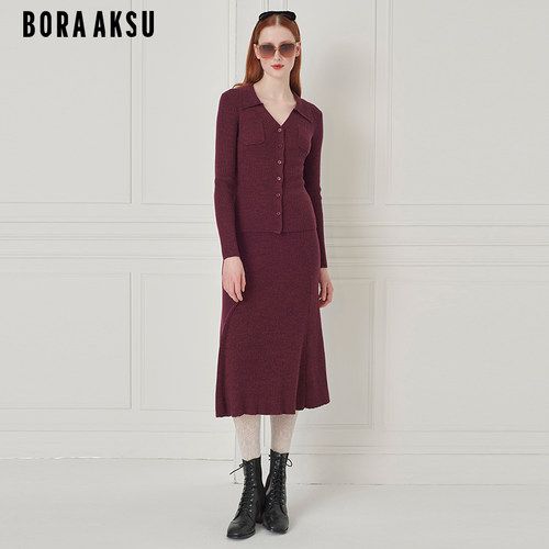 BORAAKSUA摆酒红羊毛半身裙