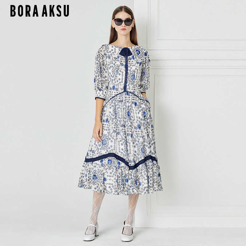 BORAAKSU2026春季新品欧式田园风泡泡袖蓝白印花连衣裙B1DBW61090