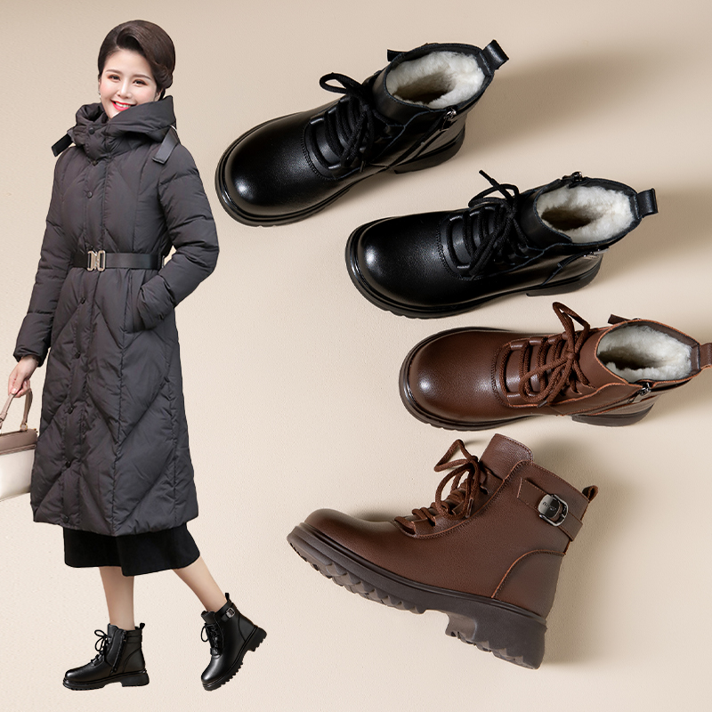 加绒保暖羊毛真皮妈妈鞋子