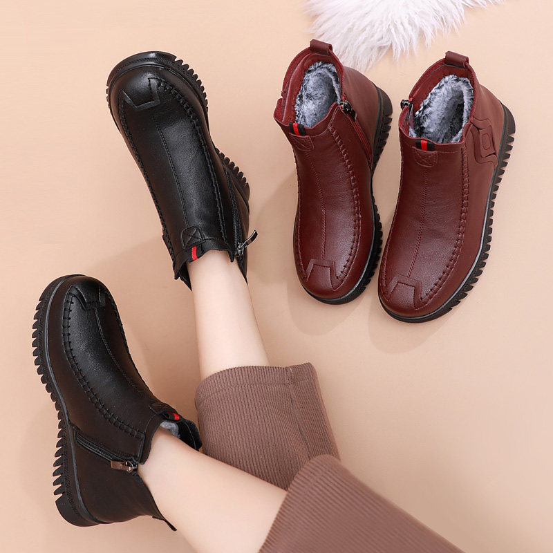 冬季新款妈妈棉鞋中年平底防滑女鞋中老年加绒保暖短靴老人皮鞋女,女鞋,时装靴,淘宝优惠券,粉丝福利购,淘宝优惠卷