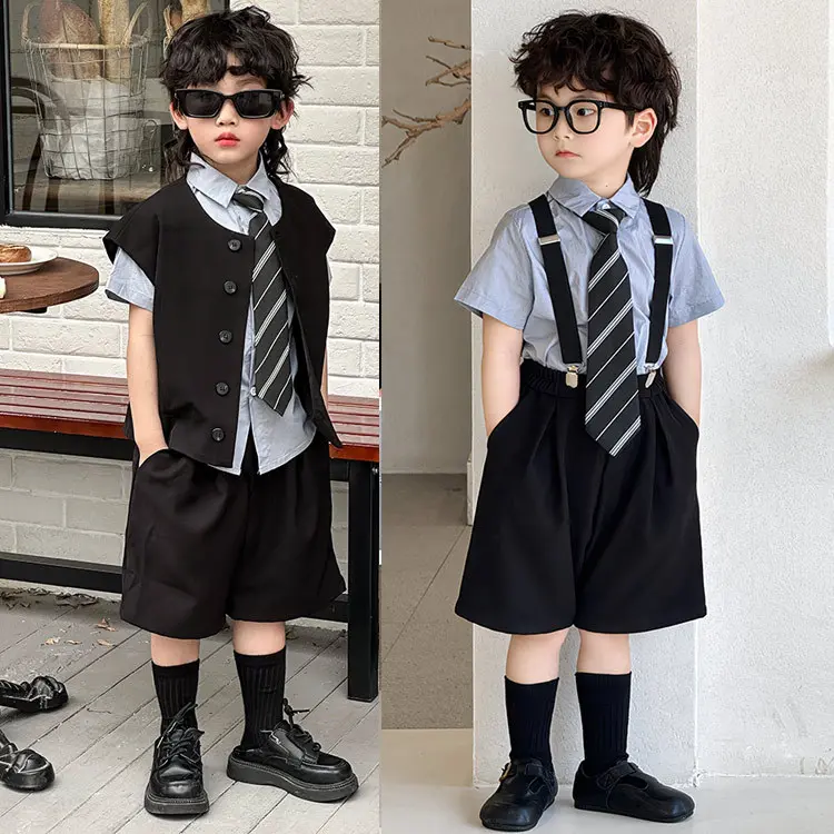 儿童西装短袖衬衫马甲套装2025夏季新款男童英伦风礼服六一演出服