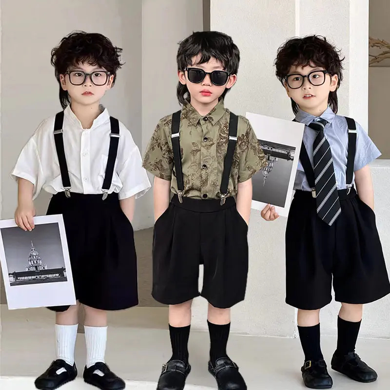 儿童迷彩服背带套装2025夏季男童花衬衫短袖西装礼服六一演出服潮