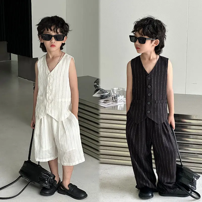 童装男童2025夏季新款儿童黑白条纹马甲短裤套装薄款潮范西装礼服