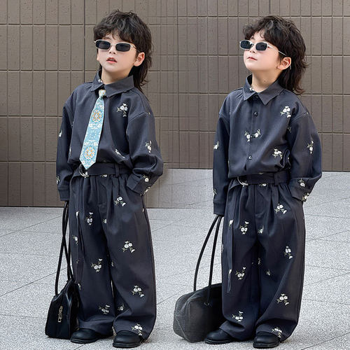 男童衬衫长裤套装2026春季新款花朵刺绣儿童休闲宽松童装两件套