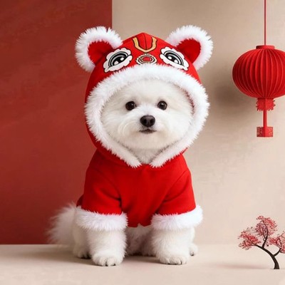 狗狗新年衣服非遗舞狮帽红色连帽