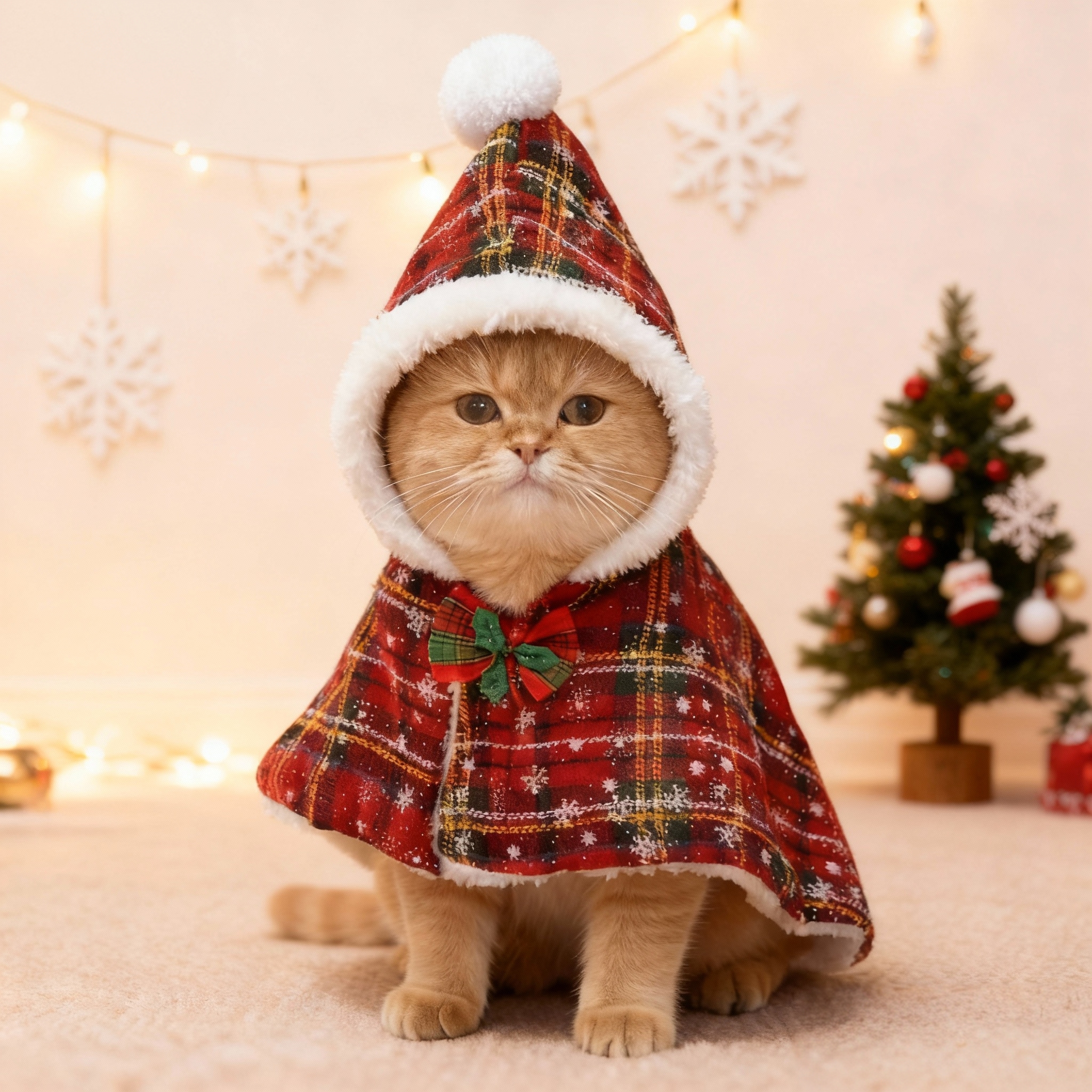 圣诞节猫咪斗篷披风格纹毛绒帽