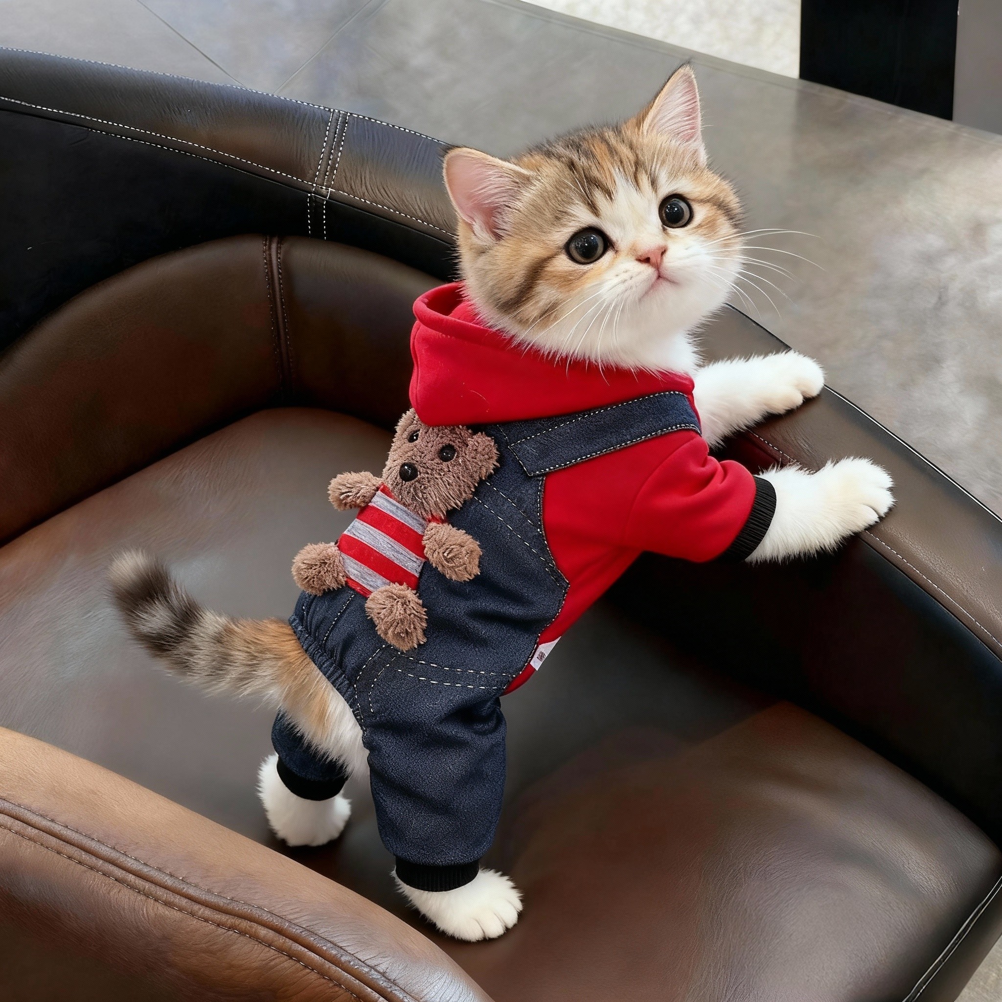 猫咪衣服秋冬装牛仔拼接背带连帽