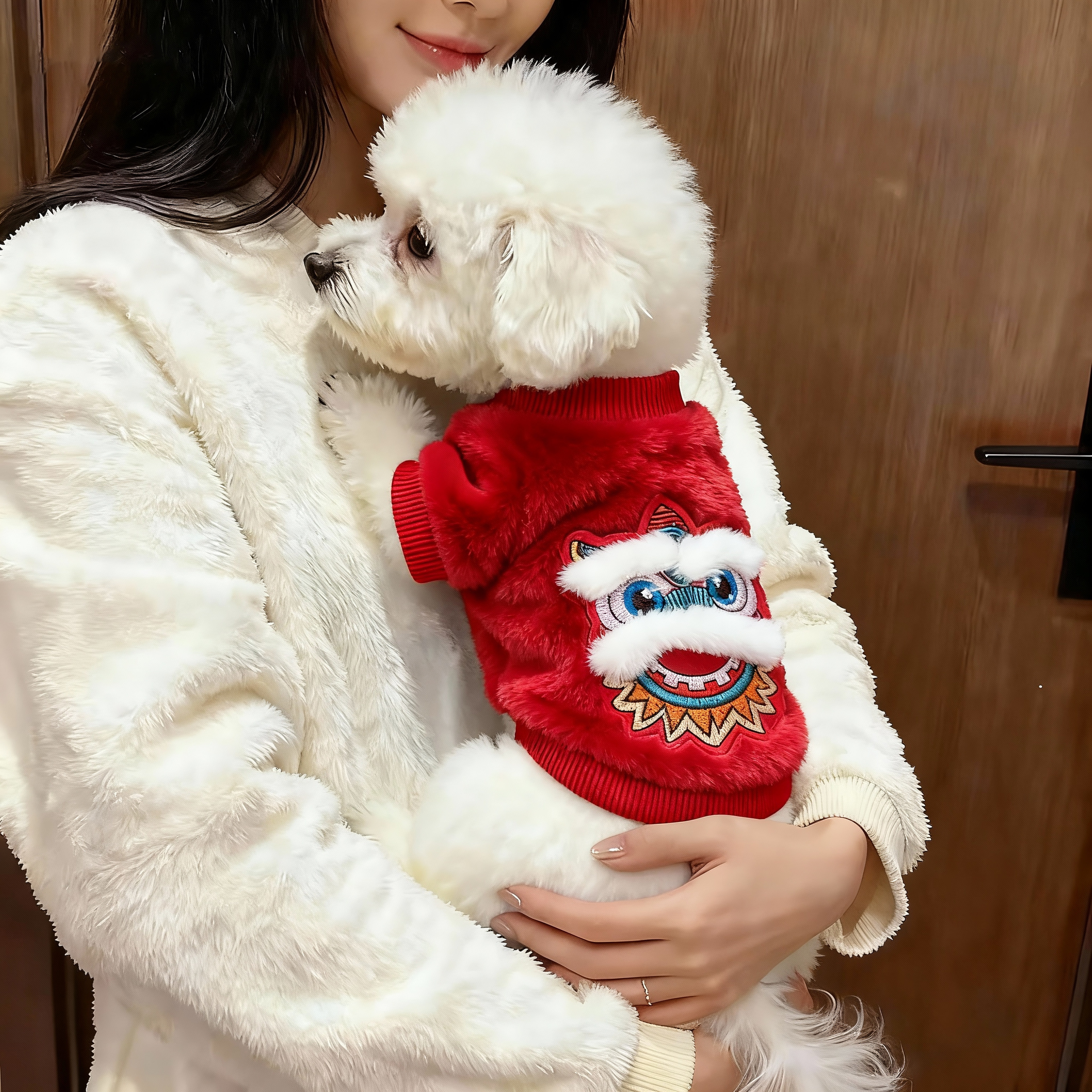 狗狗衣服红色舞狮图案保暖卫衣