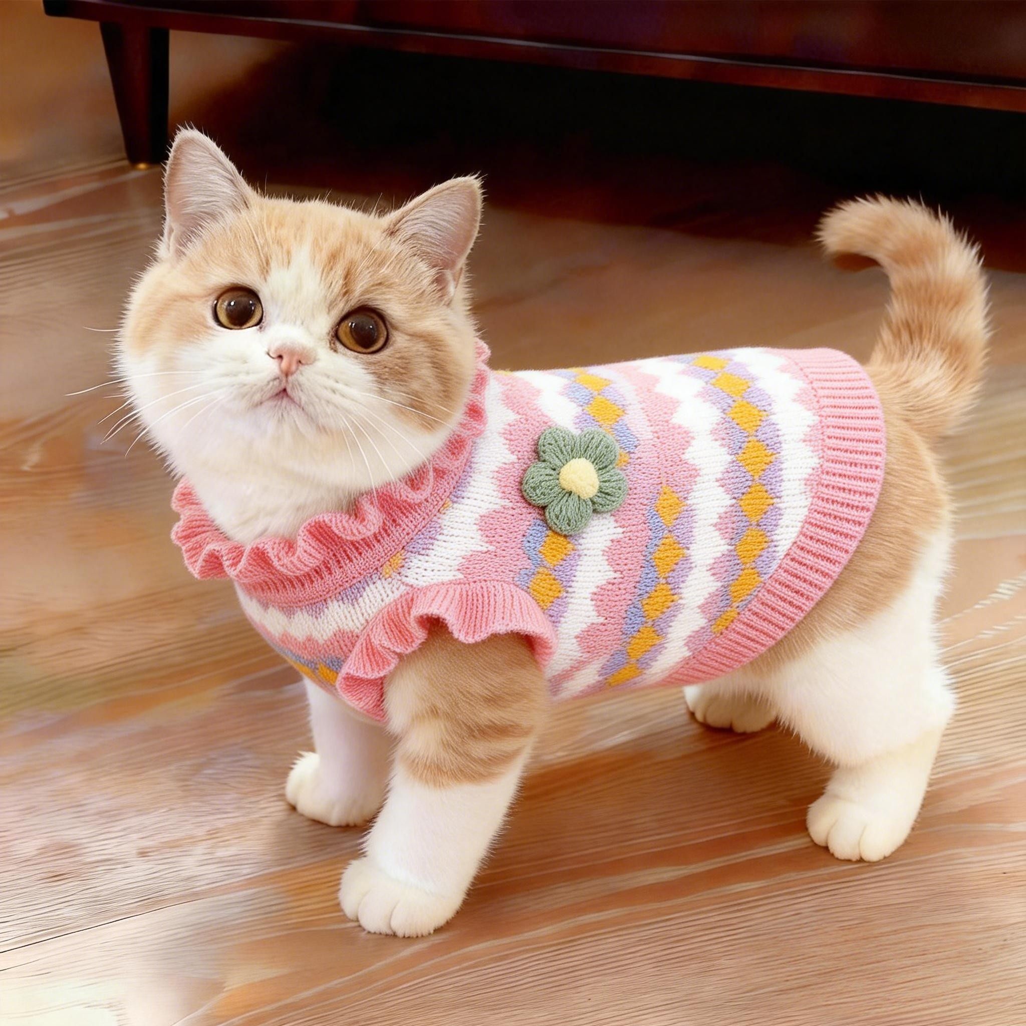 猫衣服秋冬保暖毛衣可爱花朵无袖荷叶边针织衫布偶金渐层狗狗背心