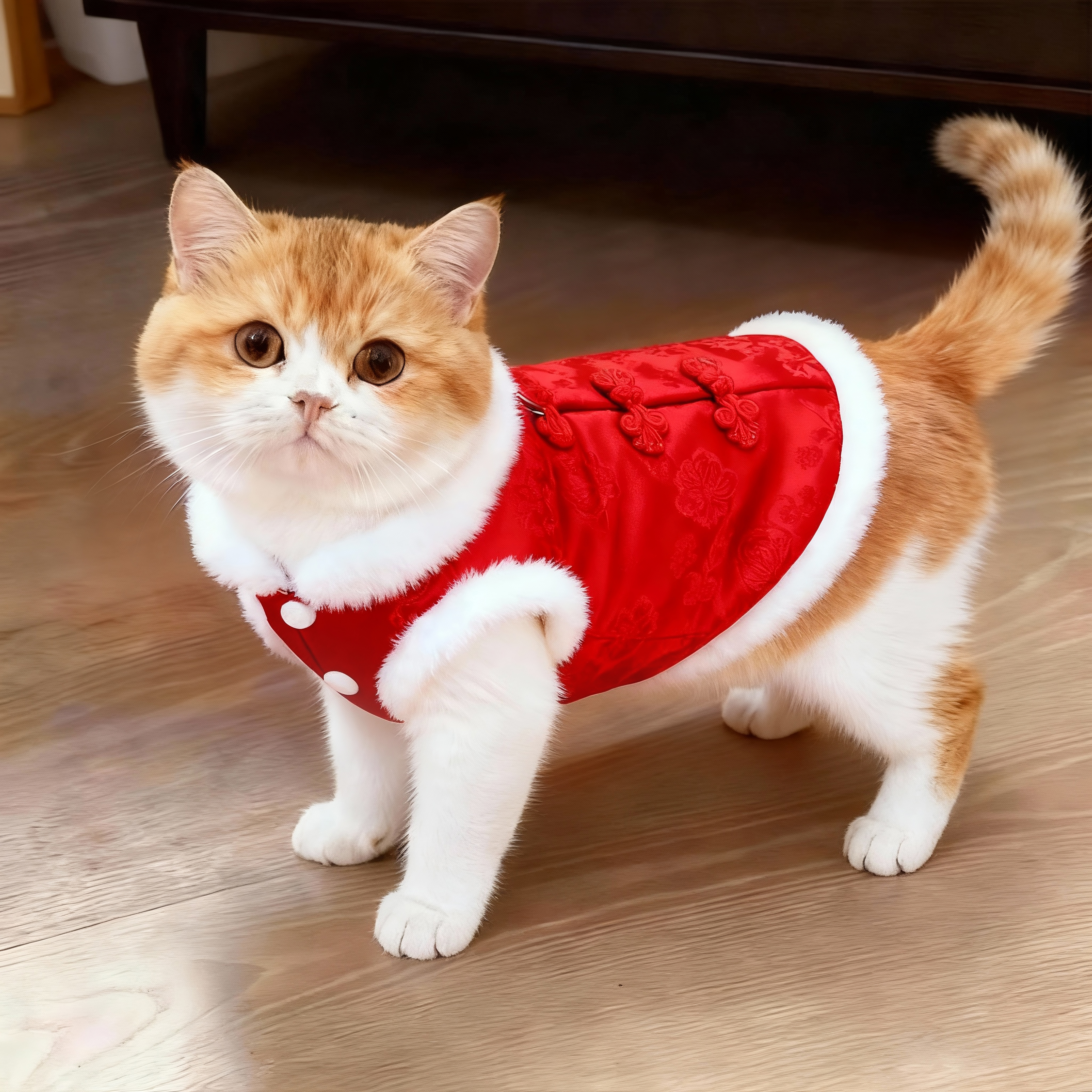 新年红猫咪衣服加绒保暖盘扣马甲