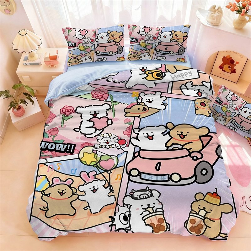 卡通可爱线条小狗水晶绒四件套