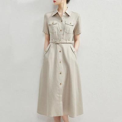 外贸高端通勤职业法式棉麻连衣裙女2025夏季新款文艺衬衫中长裙子