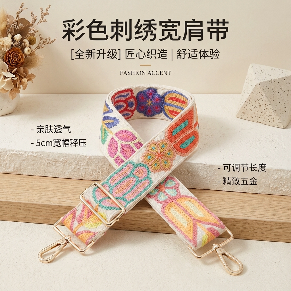 5cm加宽民族风花卉刺绣宽肩带可调节扣复古包包替换斜挎背带