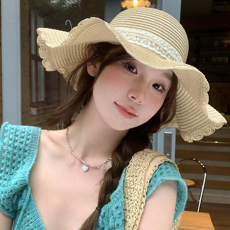 法式蝴蝶结蕾丝系带草帽女夏大帽檐遮阳防晒帽子海边大头围赫本风