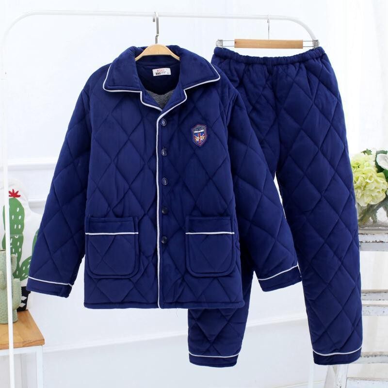 湖南省服冬季加厚男三层夹棉爸爸爷爷家居服套装长袖连帽加绒棉袄