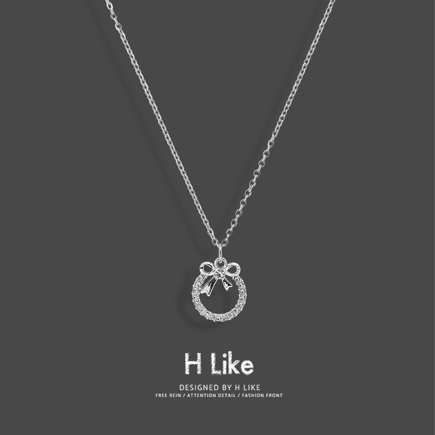 银色水钻蝴蝶结吊坠项链