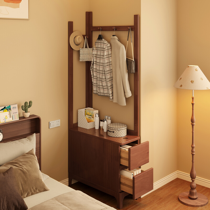 批实木落地衣帽架卧室小型现代简约家用挂衣架斗柜一体收纳置物架