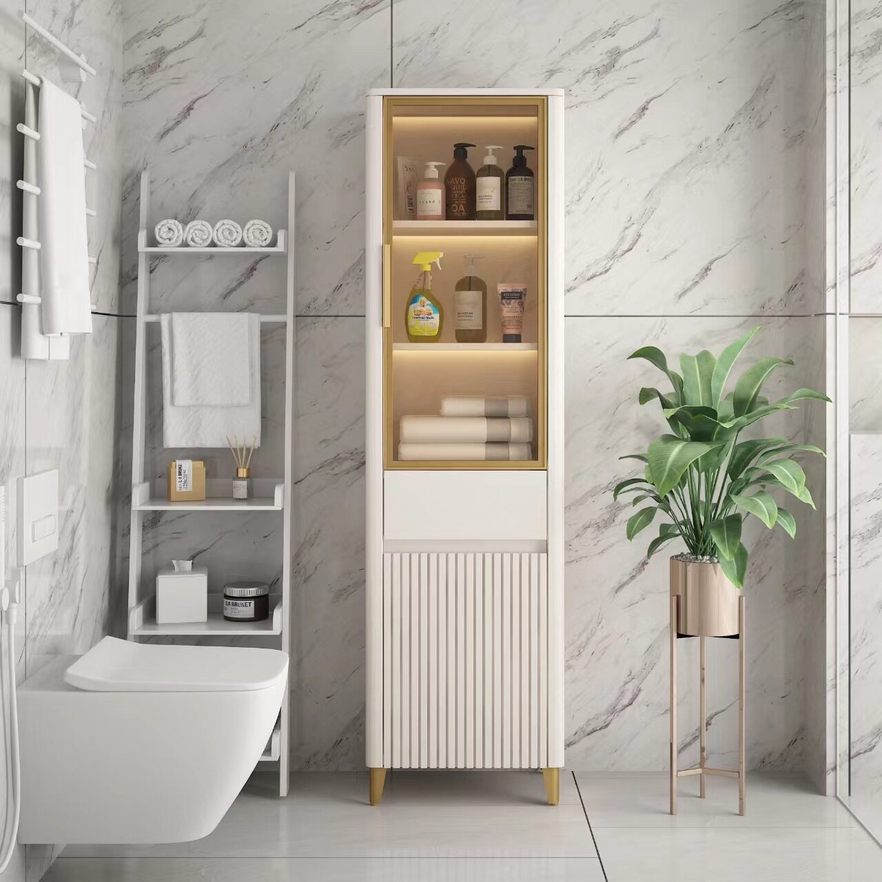 轻奢感应灯光浴室边柜实木侧柜完防水立柜置地卫生间储物收纳柜需