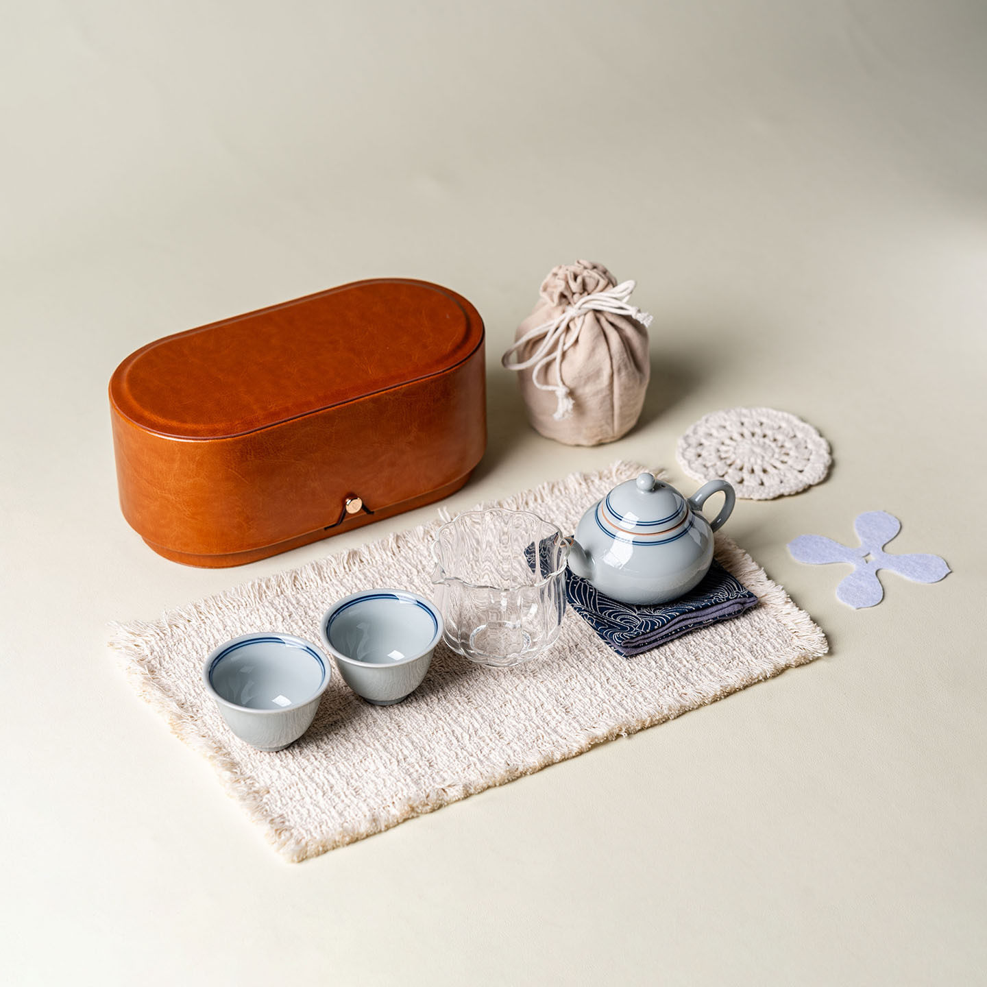 仿古青手绘双线陶瓷旅行茶具小套装便携式快客杯户外泡茶壶皮盒