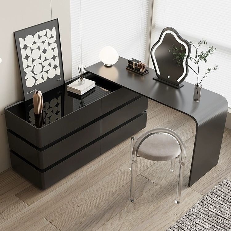 黑色梳妆台卧室现代简约全实木妆台网红床尾斗柜收纳柜一体化妆桌
