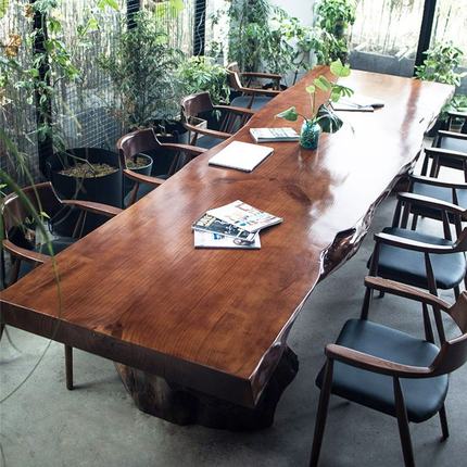 原木整板会议桌实木大板loft老板办公长桌茶台茶几泡茶餐桌椅组合