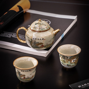 青玉汝窑携琴访友图秦权壶一壶两杯复古李辉熠泡茶壶汝瓷茶具套装