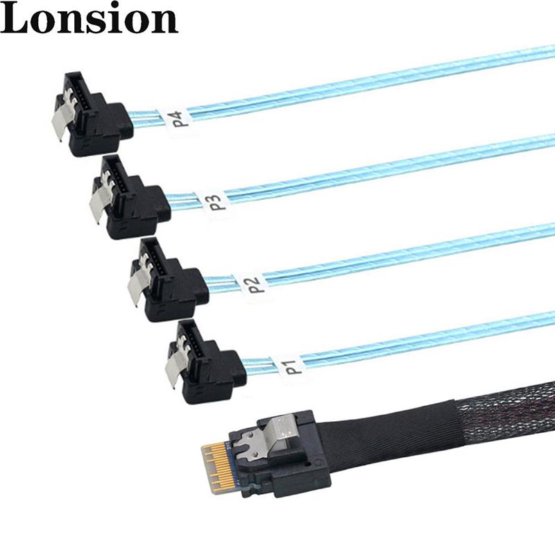 PCIE Slimline SAS 4.0 38pin SFF-8654 4i转4 SATA母90度线束