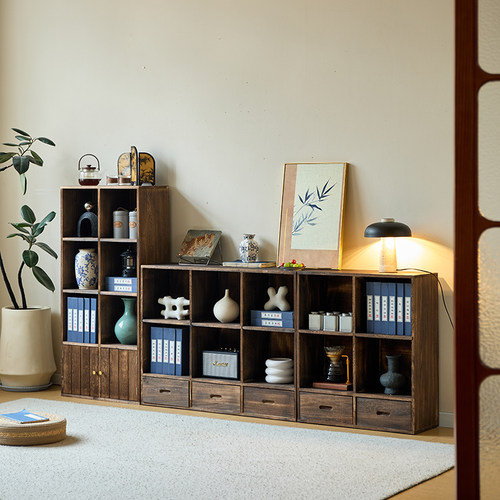 实木书架置物架落地客厅自由组合格子柜简易收纳矮柜储物书柜