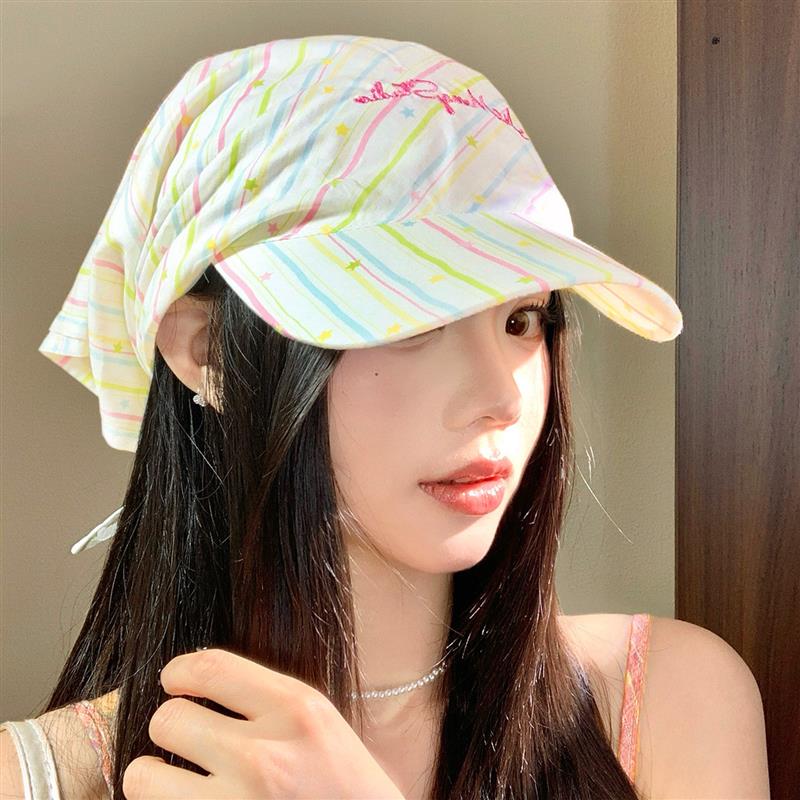 彩色条纹绑带头巾帽子女夏季户外防晒遮阳小众个性显脸小鸭舌厂家