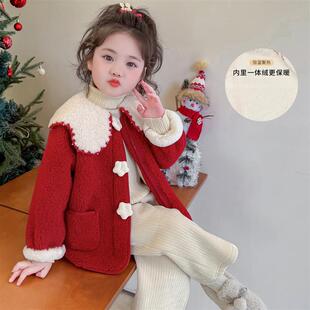 女童红色外套加绒娃娃领毛毛衣秋冬款2026新款冬季儿童新年拜厂家