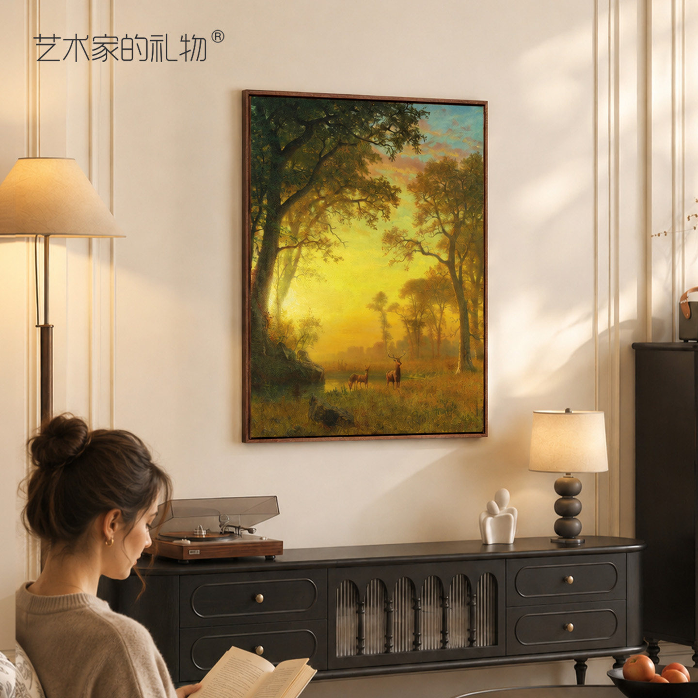 2026新款入户玄关画中古风过道装饰壁画挂画金色鹿鸣过道卧室装饰