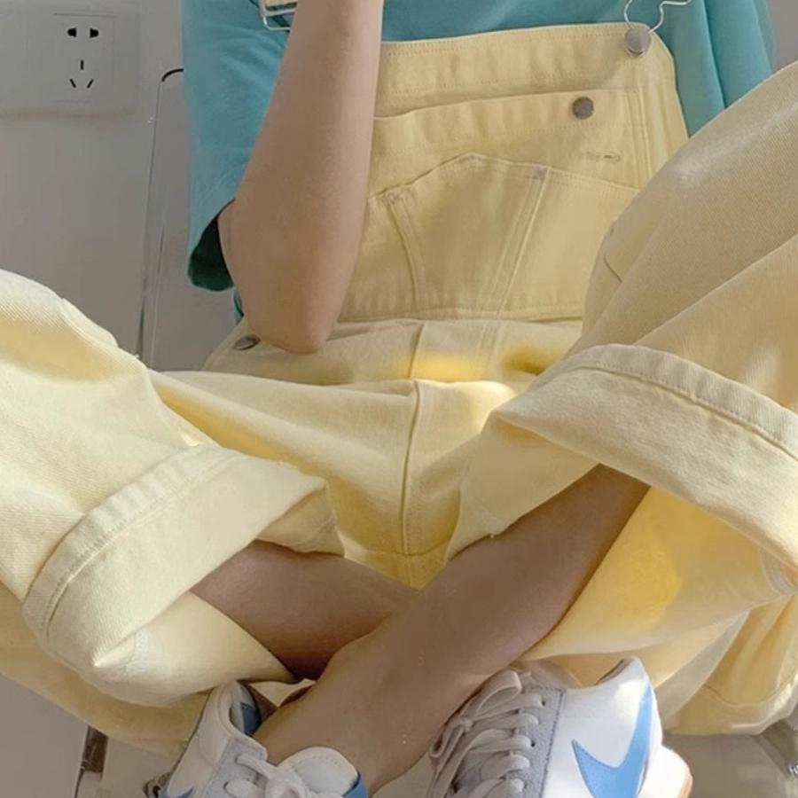 大码奶油黄牛仔背带裤女夏季胖妹妹mm宽松显瘦阔腿连体裤2023新款