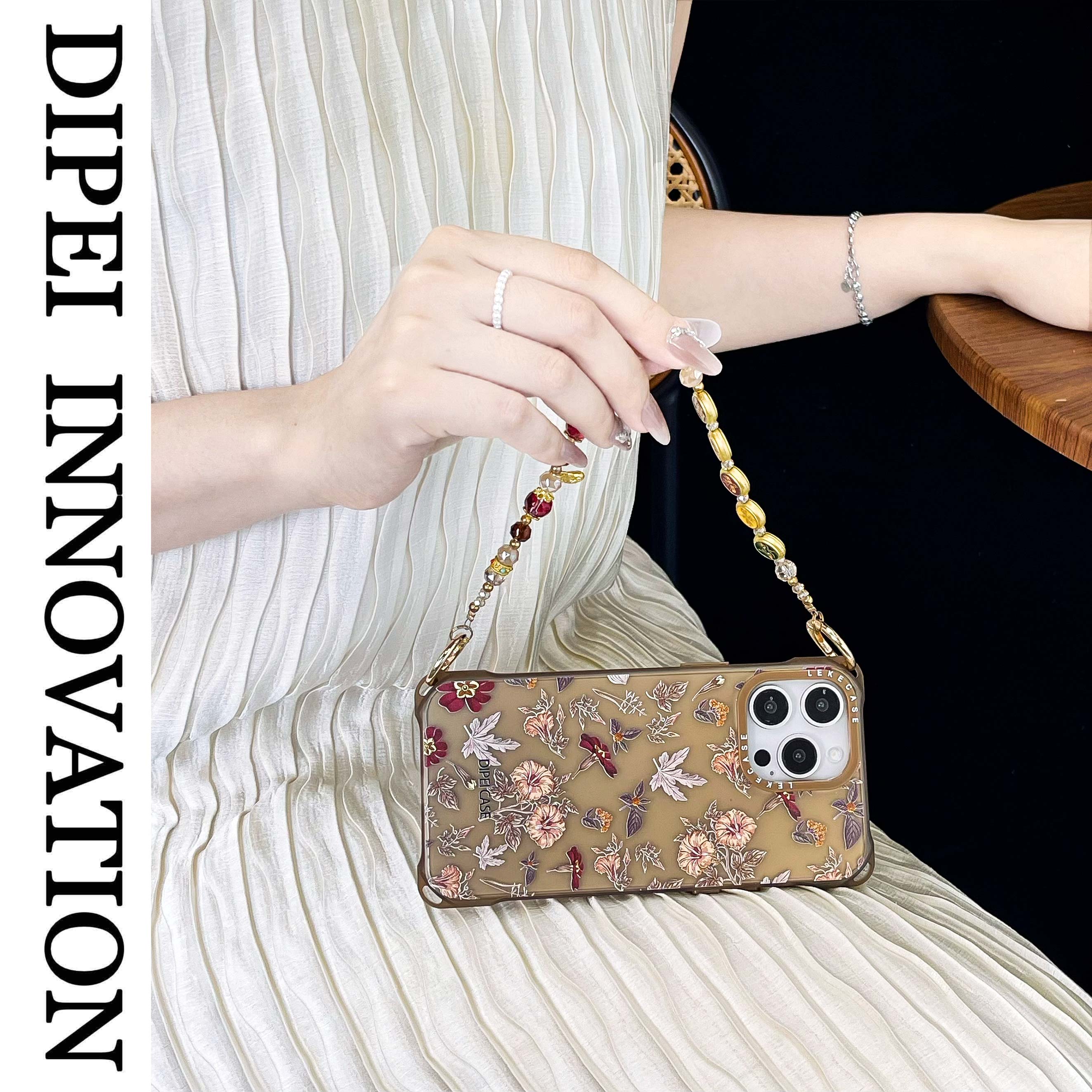 复古风花叶挂绳手机壳四角开孔