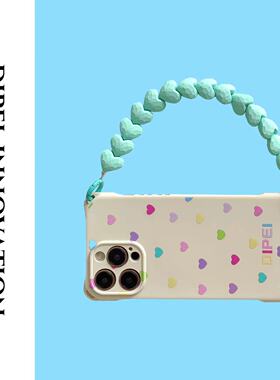 ins风多巴胺爱心白色手机壳14Promax小众包包式15ultra手腕短链适用13苹果华为P60Pro软荣耀70P时尚斜挎长绳