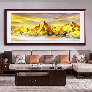 新中式客厅装饰画背靠金山中式z山水实木框大气横幅沙发背景墙挂