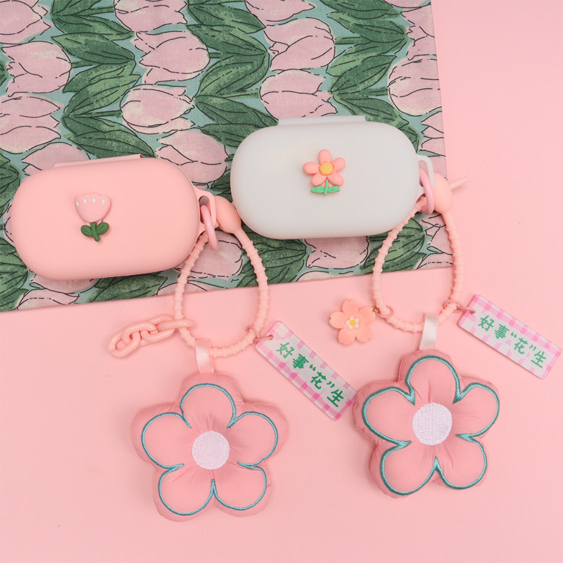 适用Bose QuietComfort Earbuds大鲨无线蓝牙耳机保护套春天粉色花朵Sport小鲨女生防摔硅胶软壳