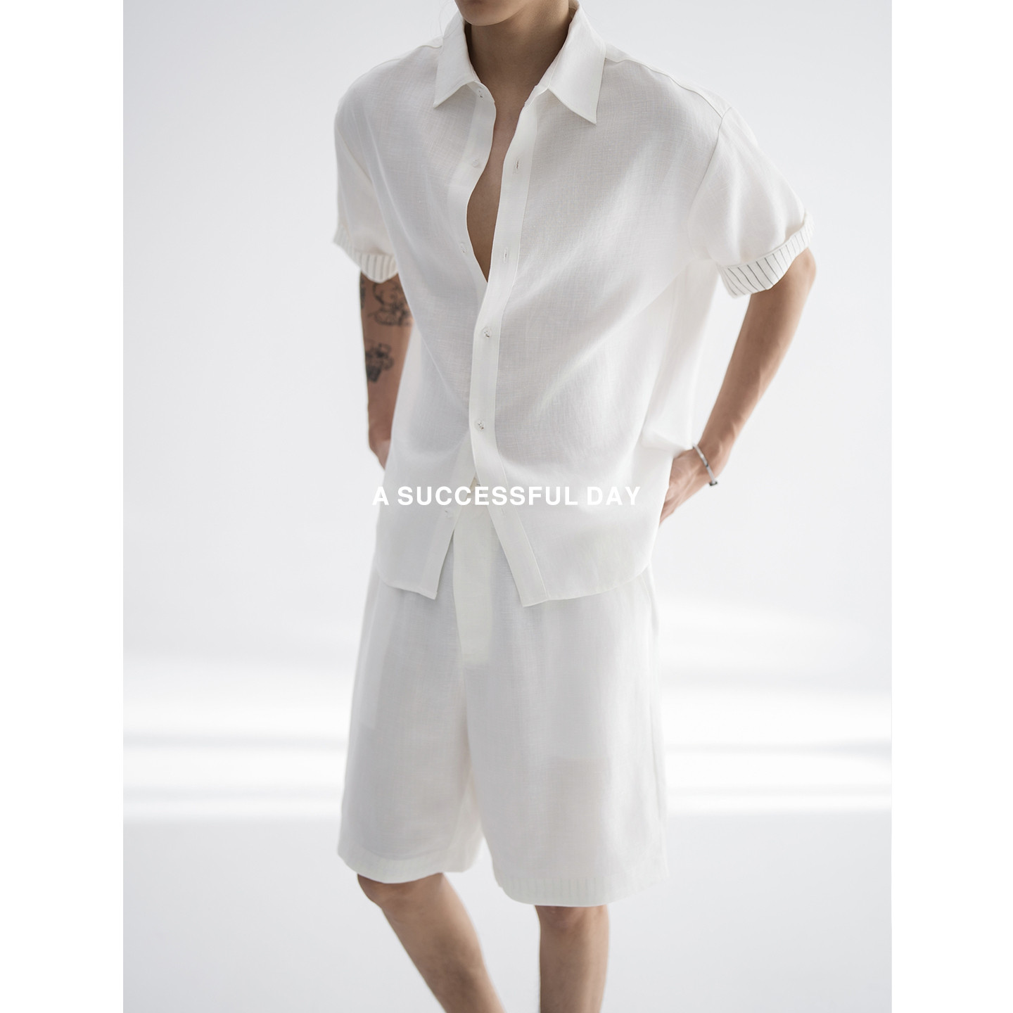 ASSDY|天丝亚麻/天然木浆纤维/夏季凉感条纹短袖衬衫男士百搭衬衣