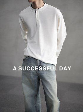 ASSDY|精选羊毛/三针五线/轻奢亨利领假两件长袖T恤男春打底衫潮