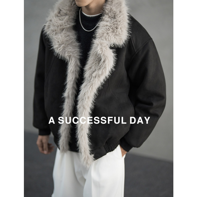 ASSDY|重磅麂皮绒座山雕棉衣服外套男士2025冬季新款保暖毛领棉袄