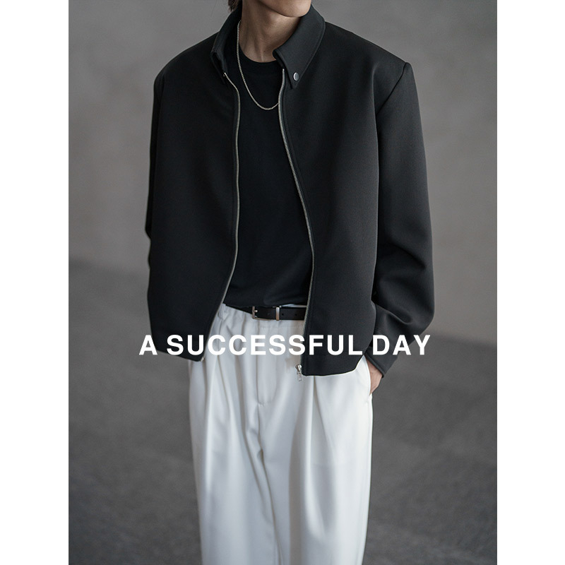 A SUCCESSFUL DAY|不规则拉链 春秋t垫肩外套翻领男潮牌短款夹克