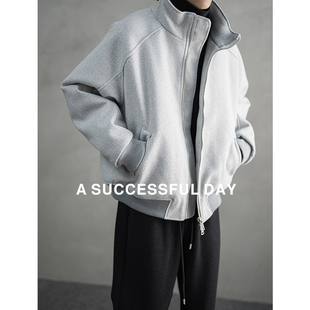 弯刀袖 2025冬季 夹棉衣立领夹克外套潮牌 高级感毛呢棉服男士 ASSDY