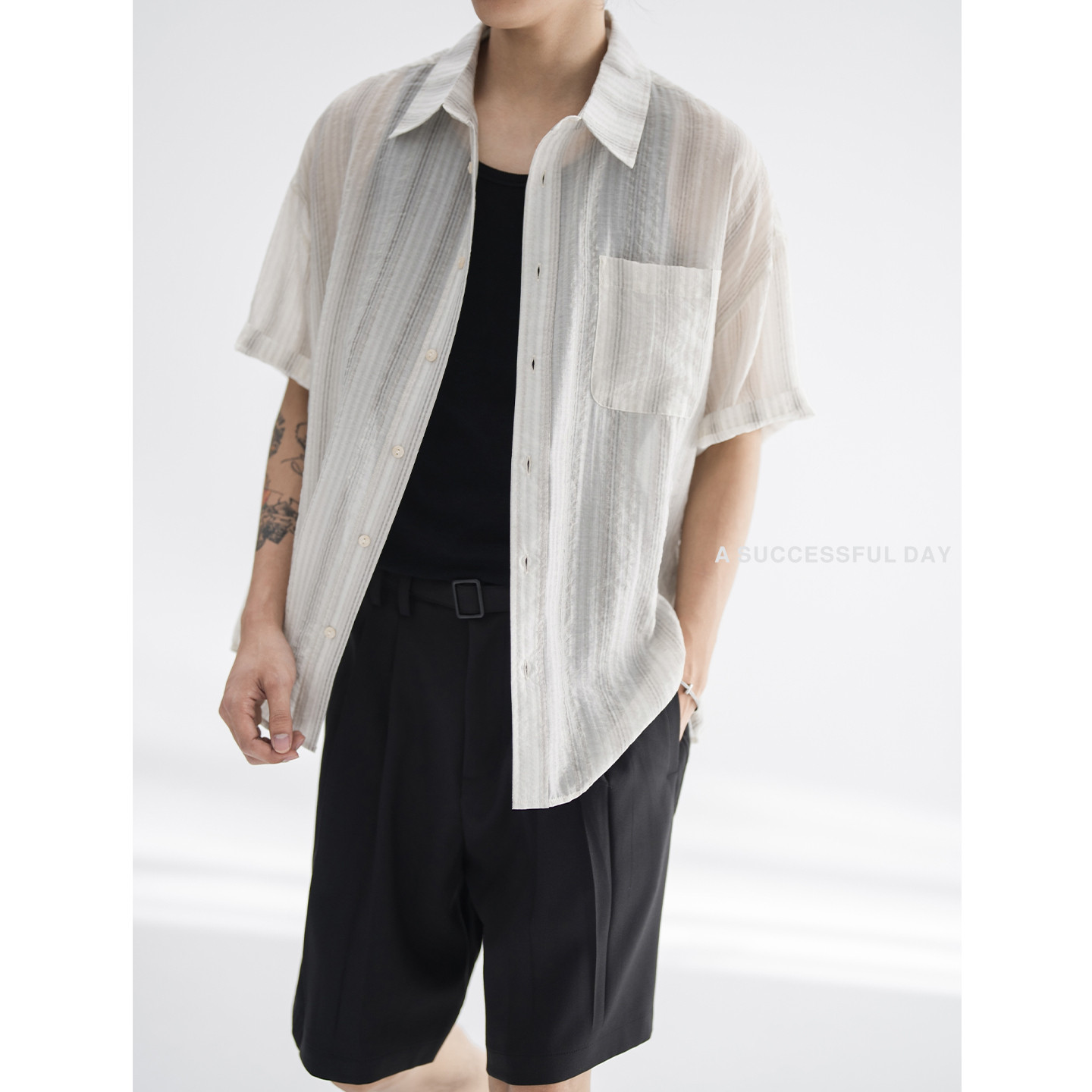 ASSDY|薄如蝉翼/天然贝母扣/夏季鼎奢超薄款短袖衬衫男士条纹衬衣