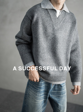 ASSDY|绵羊毛900G重磅翻领假两件毛衣男2025冬轻熟风休闲针织线衣