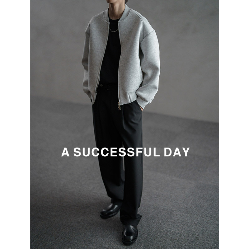 A SUCCESSFUL DAY|双拉链聚粘混纺灰色卫衣开衫男棒球领夹克外套