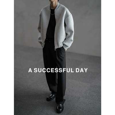 A SUCCESSFUL DAY|双拉链聚粘混纺灰色卫衣开衫男棒球领夹克外套