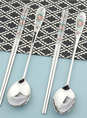韩国进口SMF英氏玫瑰花束勺子筷子实心不锈钢18-10餐具套装小叉子